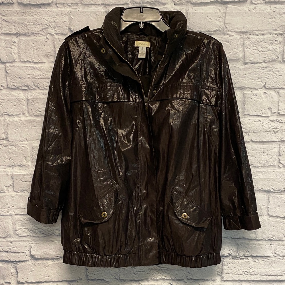 Chico's Brown Waxed Shiny 3/4 Sleeve Bomber Jacket Size Large